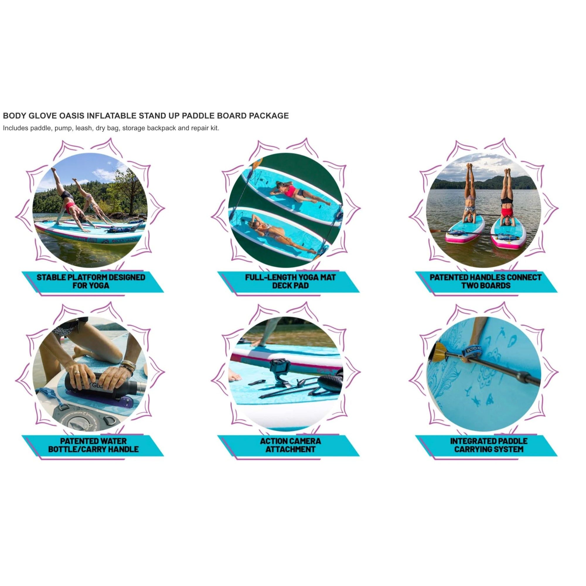 Body Glove Oasis Inflatable Paddle Board Package For Yoga & Fitness Includes Paddle Pump Leash Dry Bag Backpack & Repair Kit