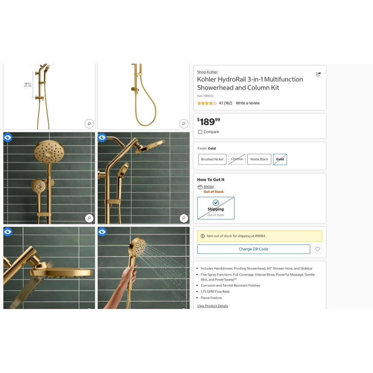 Kohler Hydrorail 3-In-1 Multifunction Showerhead & Column Kit Gold Finish 5 Spray Functions Handshower 1.75 GPM Flow Rate