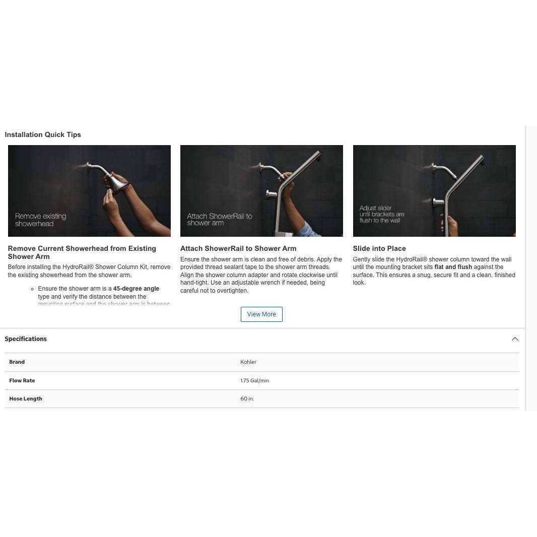 Kohler Hydrorail 3-In-1 Multifunction Showerhead & Column Kit Gold Finish 5 Spray Functions Handshower 1.75 GPM Flow Rate