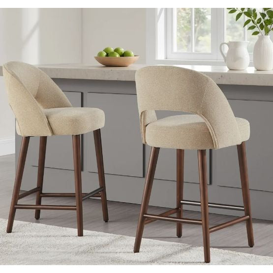 Aiden & Ivy Lilah Two-Pack Fabric Counter Stools Tan Upholstery Walnut Finish Designer-Inspired 37.4" H x 20.4" W Greenguard Certified