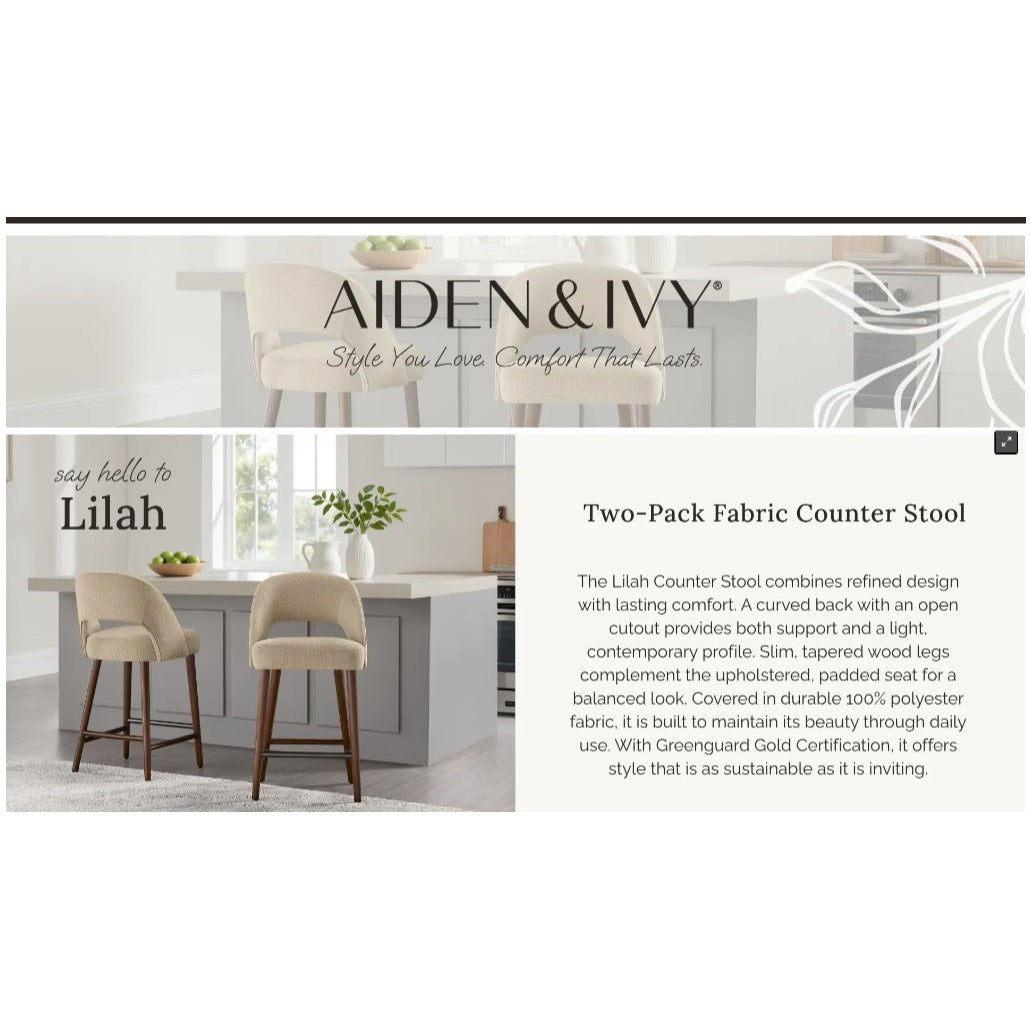 Aiden & Ivy Lilah Two-Pack Fabric Counter Stools Tan Upholstery Walnut Finish Designer-Inspired 37.4" H x 20.4" W Greenguard Certified