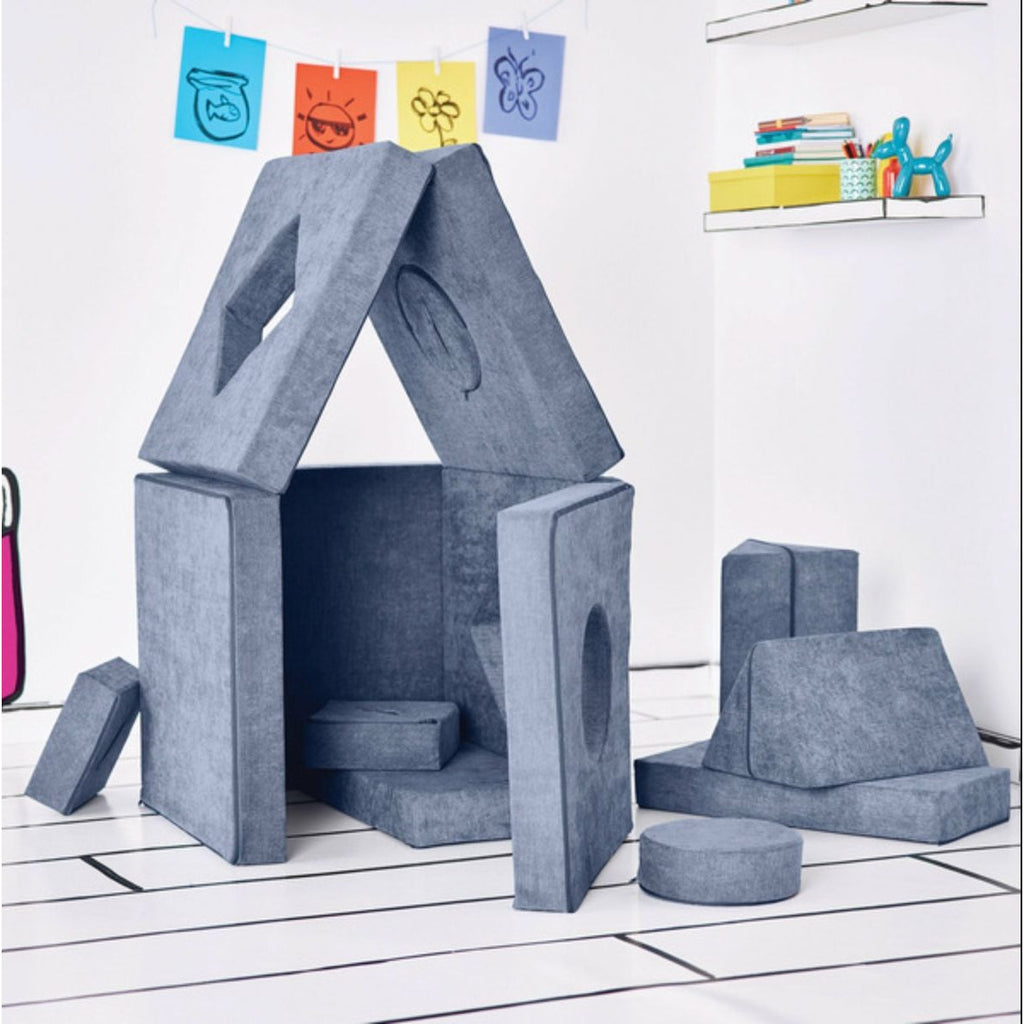 Yourigami Kids Convertible Modular Foam Play Fort & Couch Soft-Touch Washable Covers Handles Blue