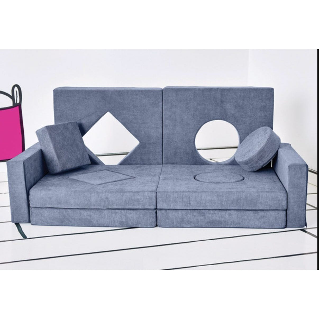 Yourigami Kids Convertible Modular Foam Play Fort & Couch Soft-Touch Washable Covers Handles Blue