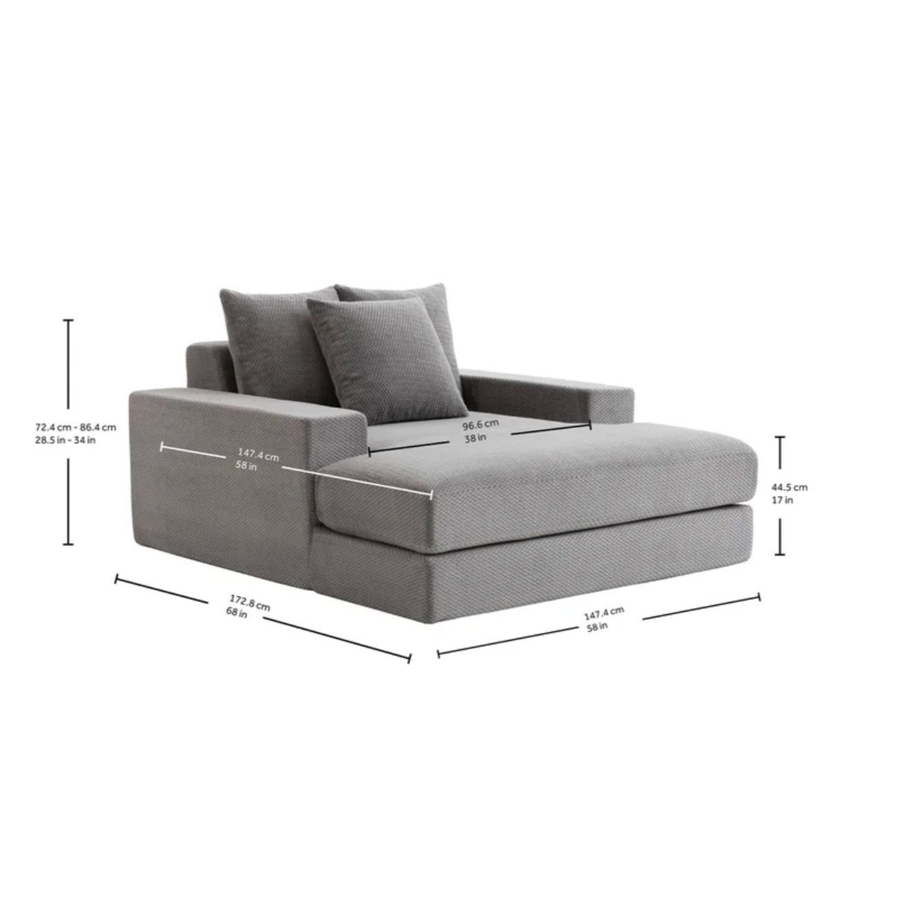 Sealy Calin Upholstered Foam Lounger With Plush Cushions & Wide Armrests - 58" Gray Chaise