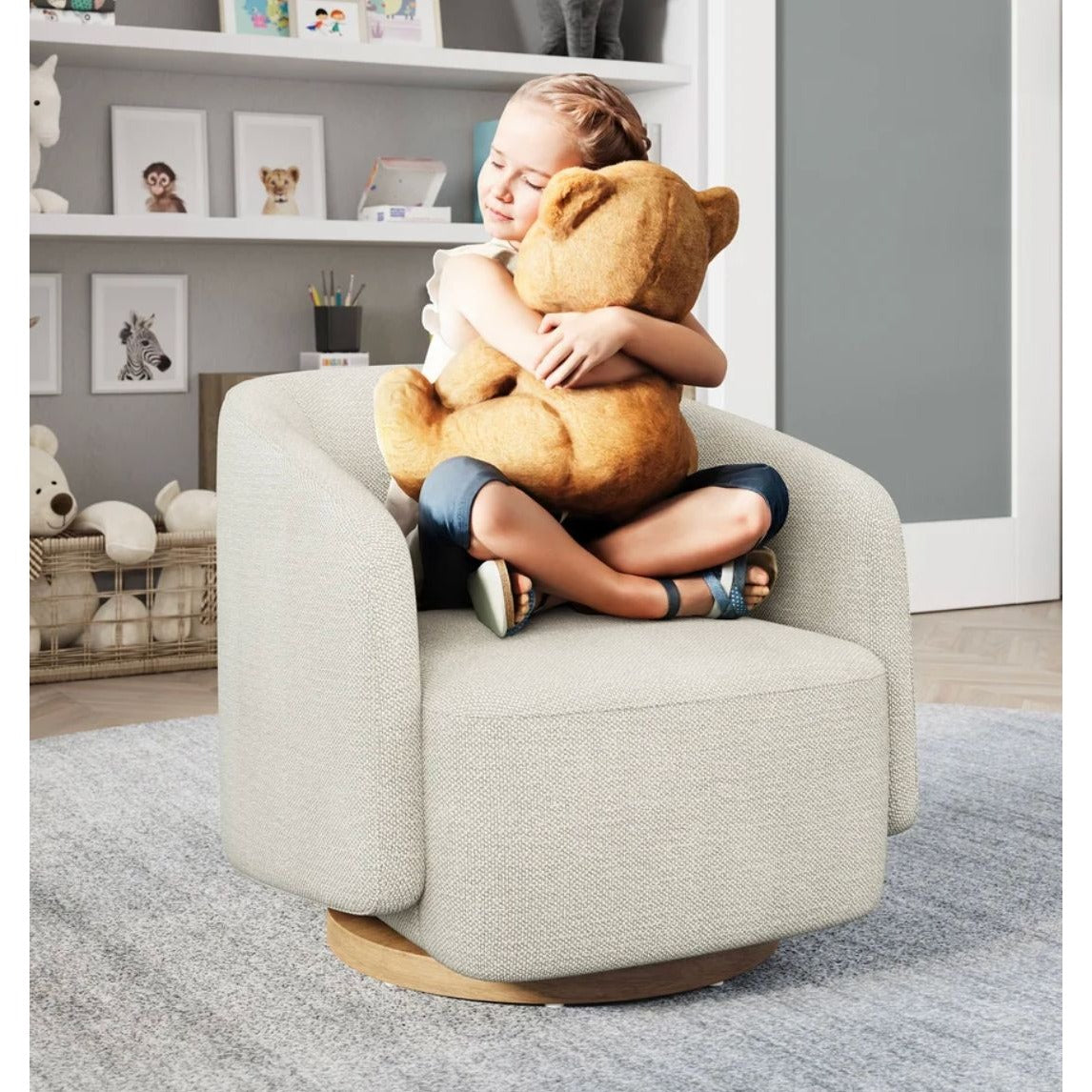 Henredon Mini Murphy Kids Swivel Accent Chair - Ivory Fabric Upholstery Wooden Base Cozy Design For Childrens Rooms