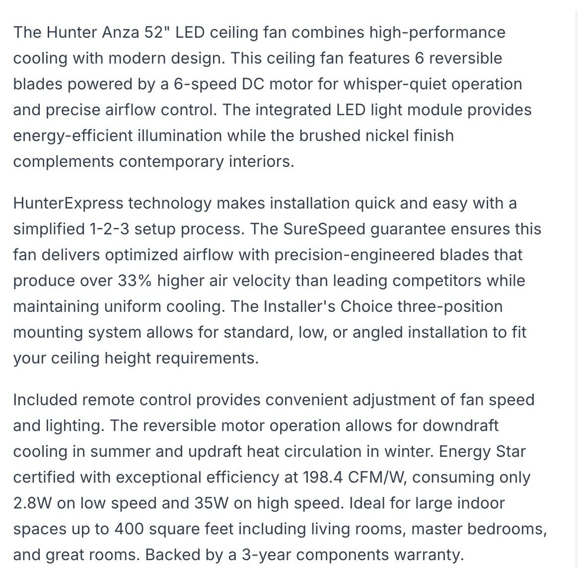 Hunter Anza 52" Led Ceiling Fan With Whisper Quiet Motor & Swag Dance Moves