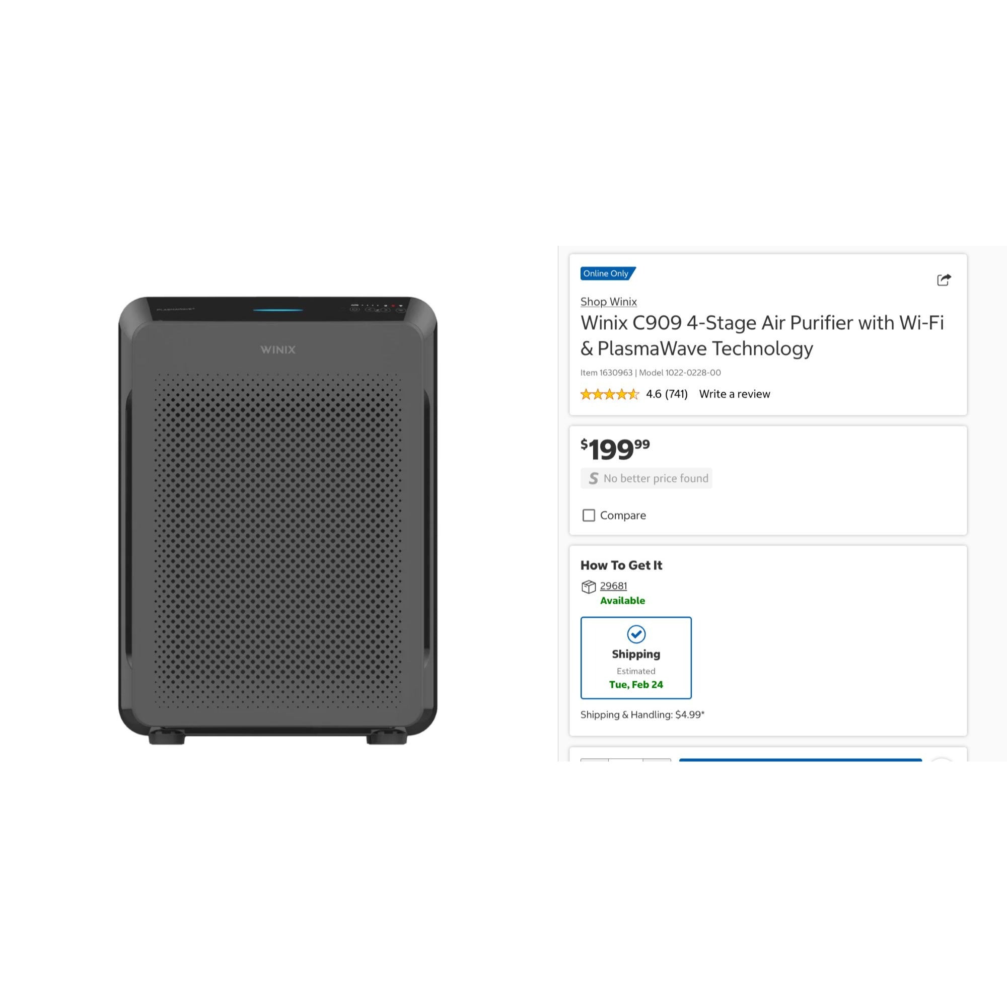 Winix C909 4-Stage Wi-Fi Enabled Air Purifier with PlasmaWave Technology for Large Rooms