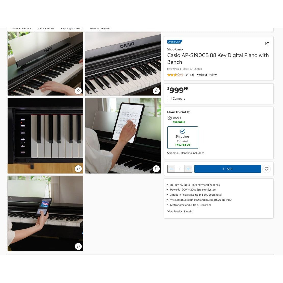 Casio AP-S190CB 88-Key Digital Piano With Bench Bluetooth MIDI 19 Tones Weighted Keys USB Audio Recording
