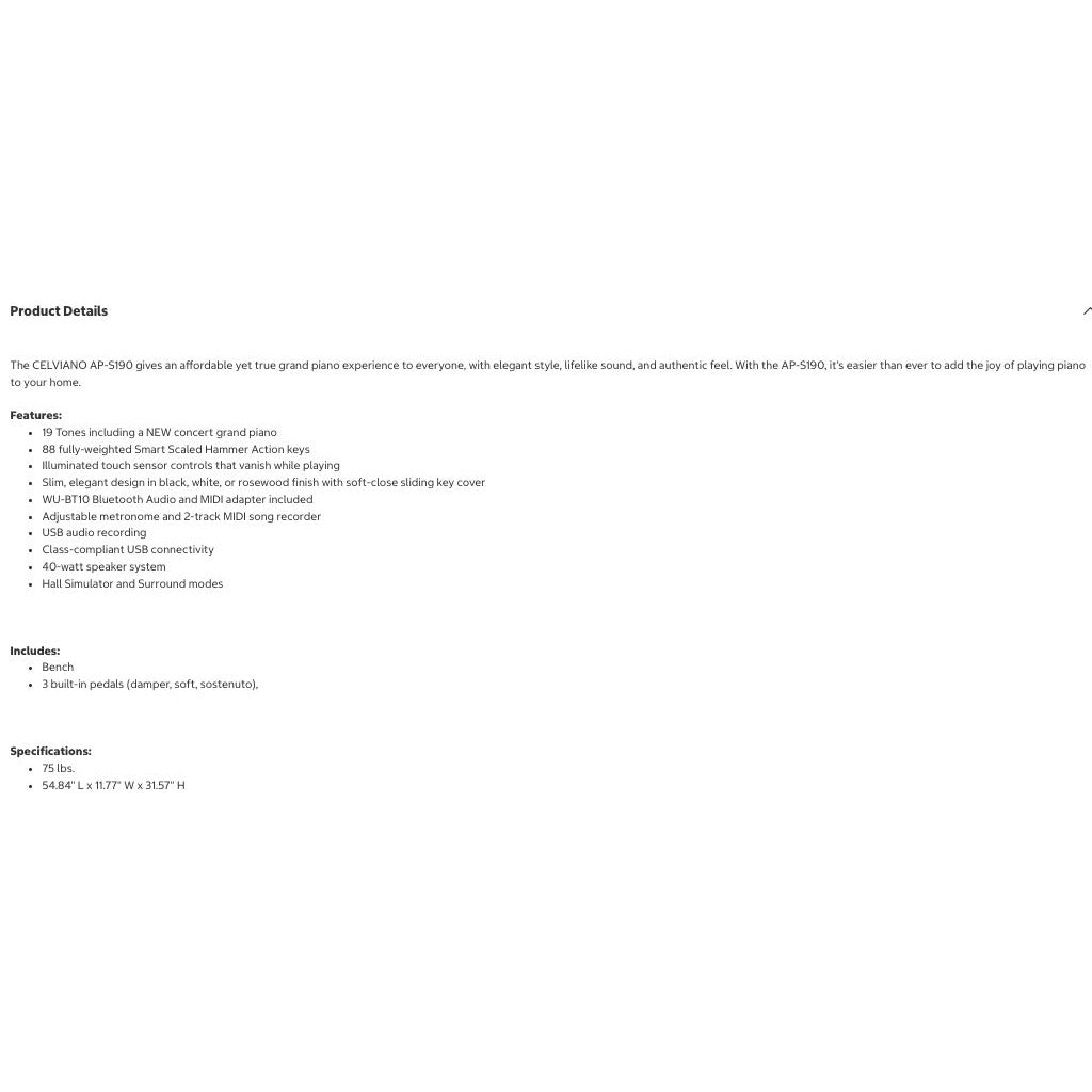 Casio AP-S190CB 88-Key Digital Piano With Bench Bluetooth MIDI 19 Tones Weighted Keys USB Audio Recording