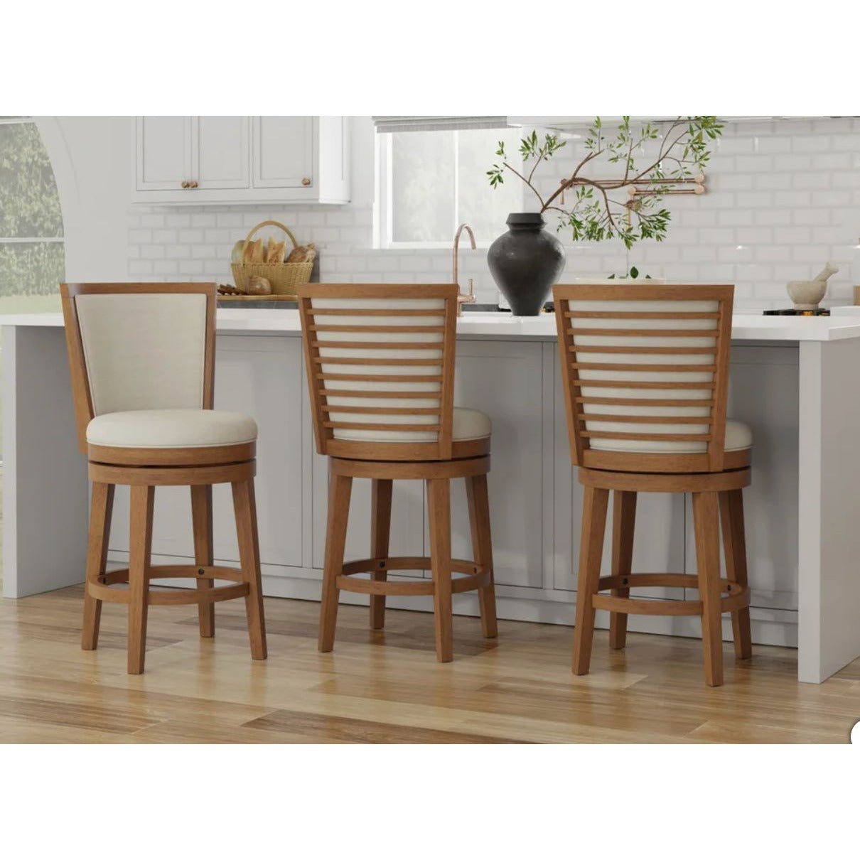 Tarryn Counter Height Swivel Stool Set Of 3 With Cushioned Seat & Wooden Frame For Kitchen Or Bar Seating