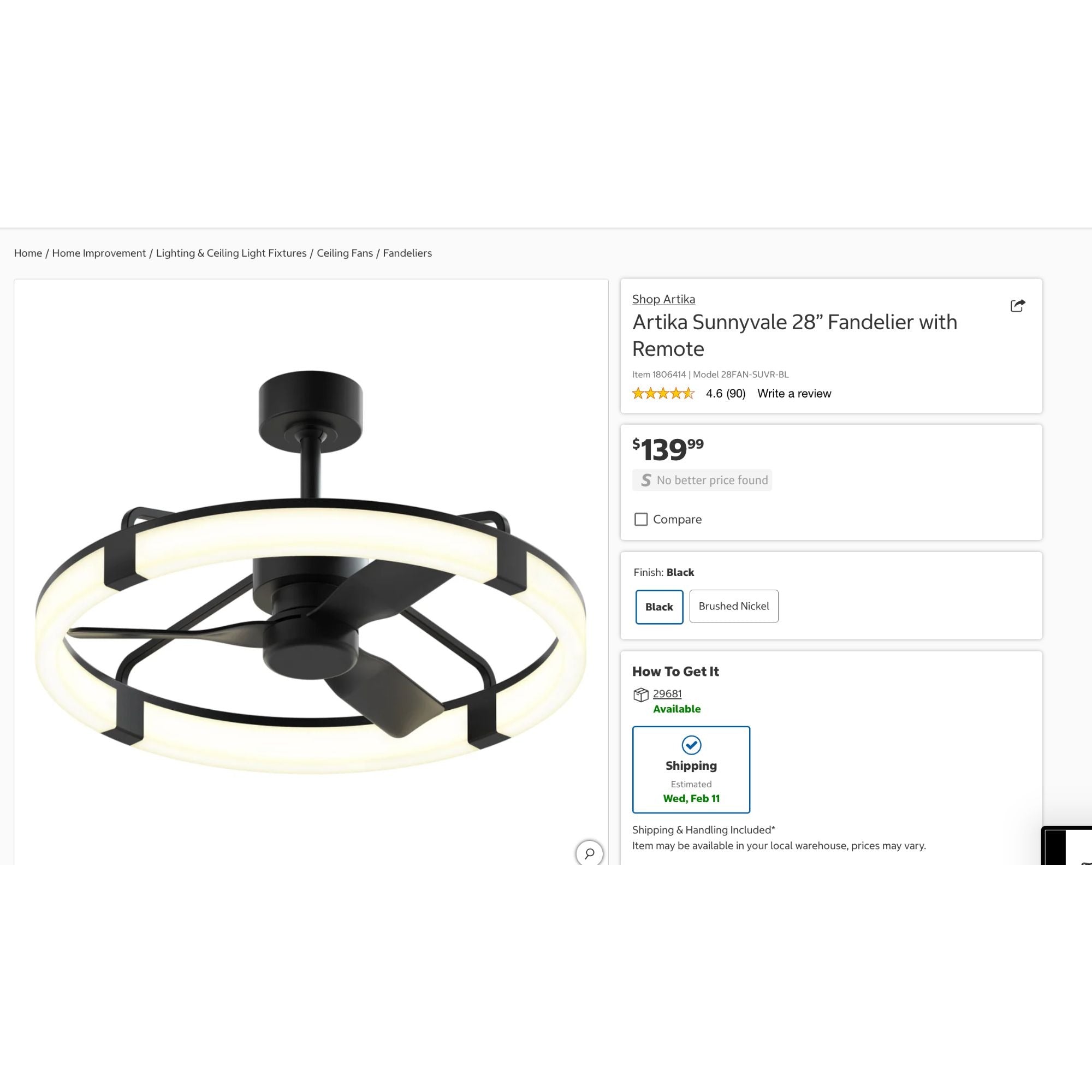 Artika Sunnyvale 28" Ceiling Fan With Integrated Dimmable LED Light & Remote Control Black Finish