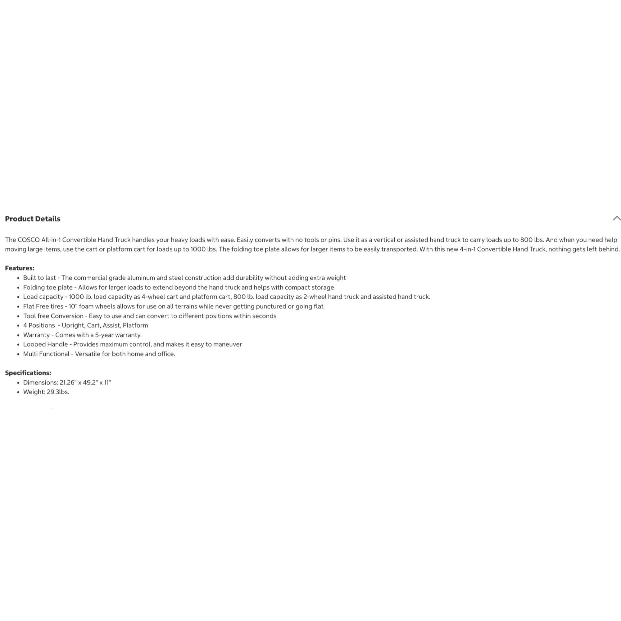 Cosco 4-In-1 Convertible Hand Truck Aluminum Dolly Cart Heavy Duty 1000 Lb Capacity