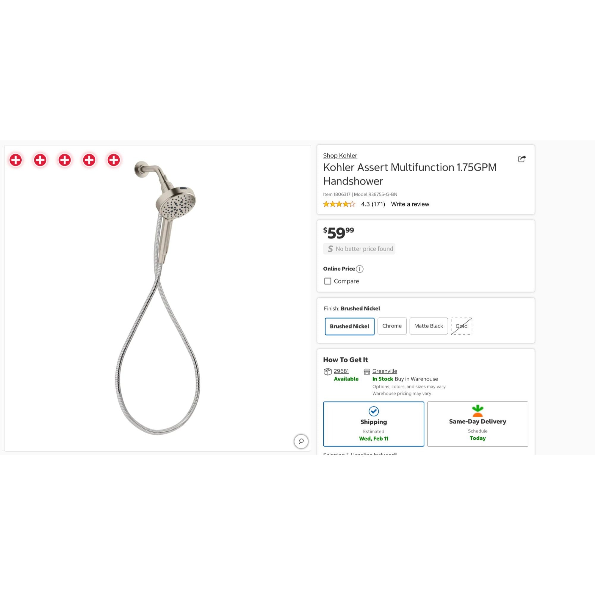 Kohler Brushed Nickel Multifunction Handshower 1.75 GPM With Magnetic Dock