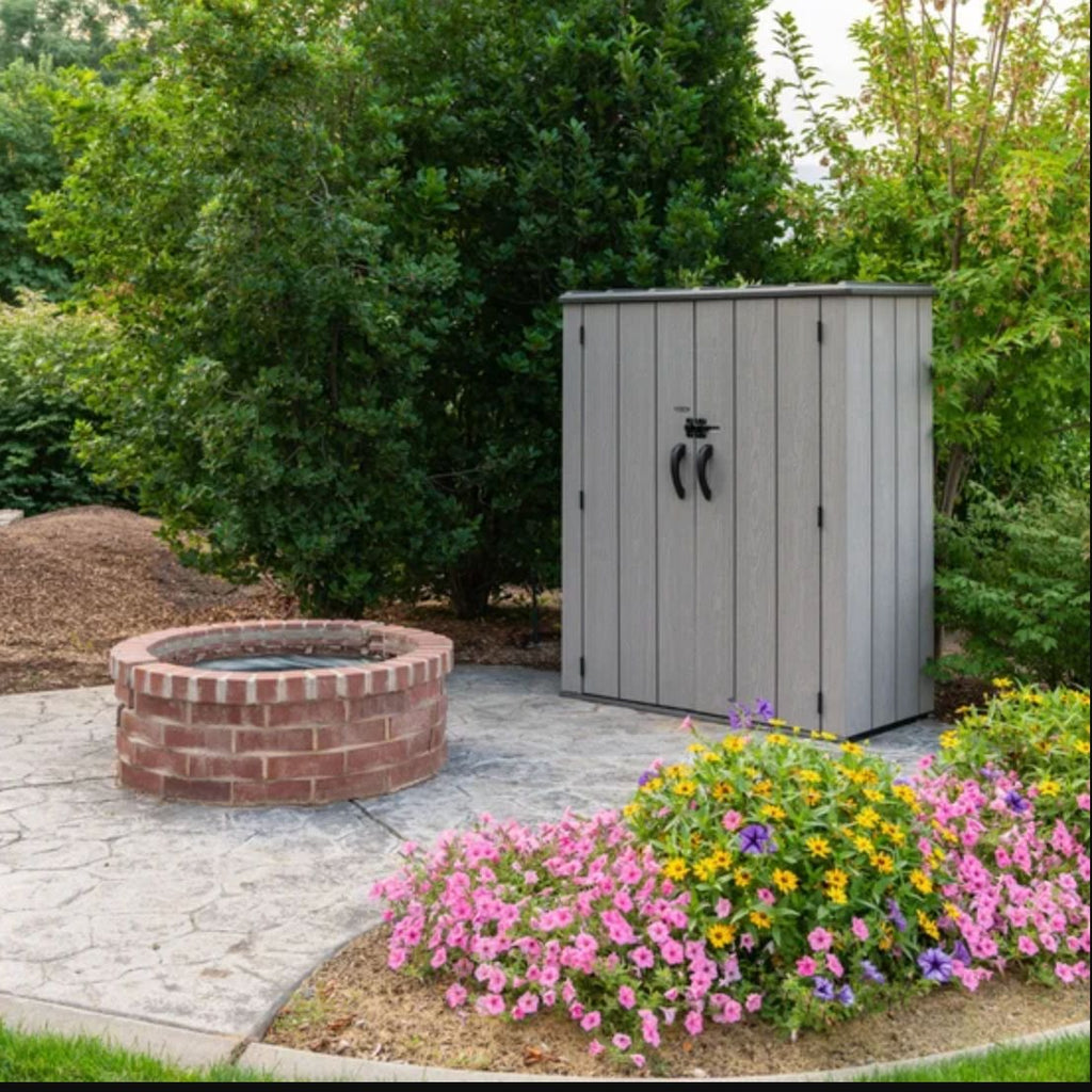 Lifetime Vertical Outdoor Storage Shed - 56" x 30" x 68" Weather-Resistant Resin Lockable Doors Gray