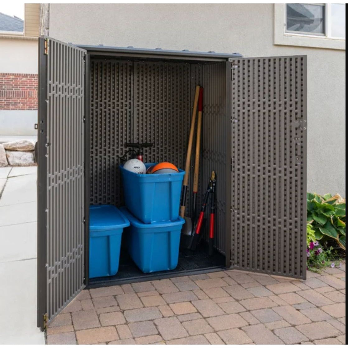 Lifetime Vertical Outdoor Storage Shed - 56" x 30" x 68" Weather-Resistant Resin Lockable Doors Gray