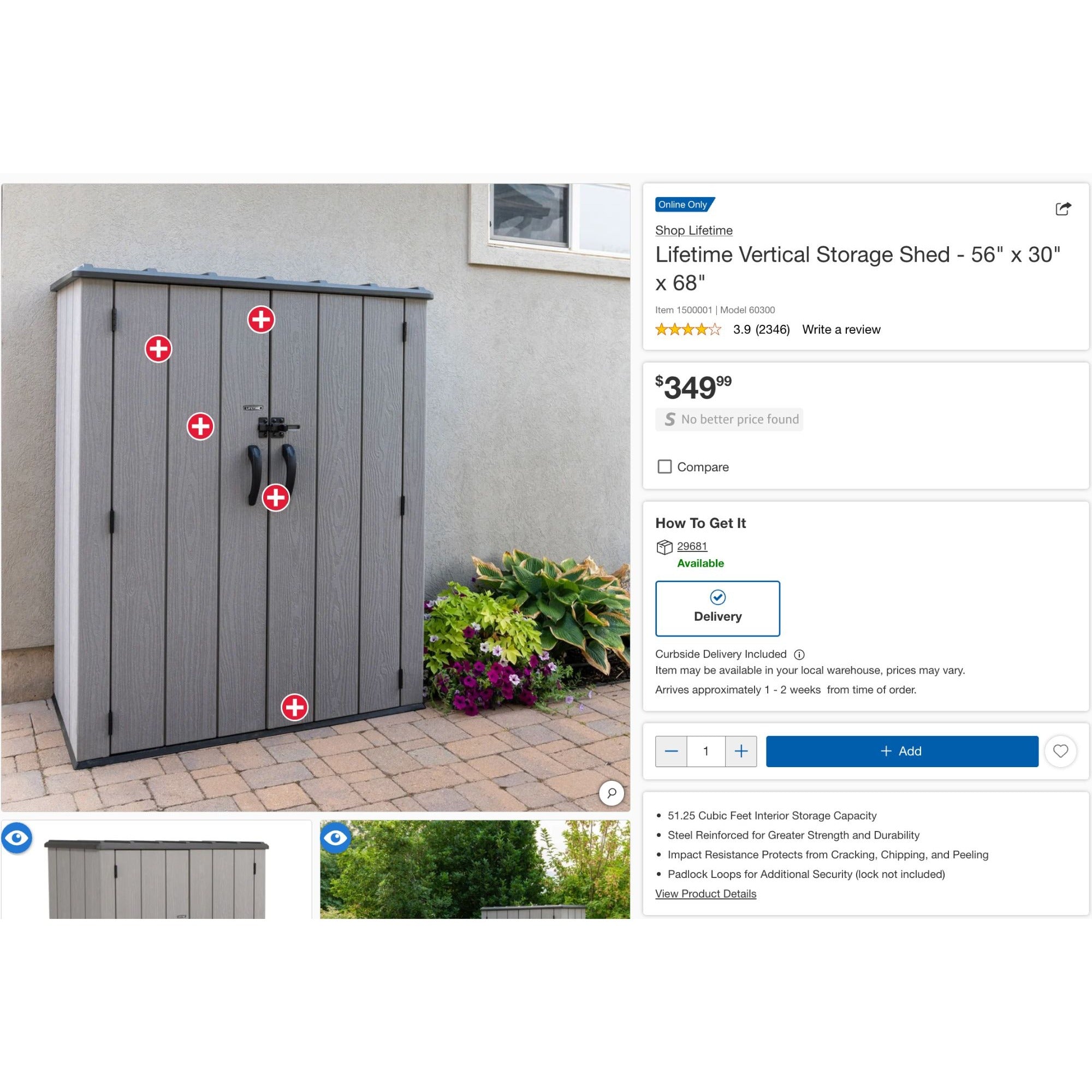 Lifetime Vertical Outdoor Storage Shed - 56" x 30" x 68" Weather-Resistant Resin Lockable Doors Gray