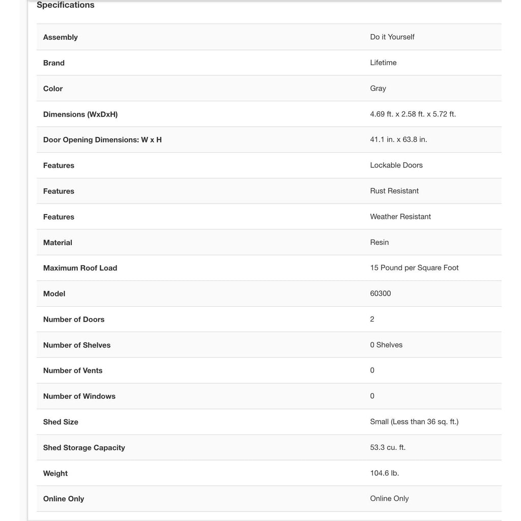 Lifetime Vertical Outdoor Storage Shed - 56" x 30" x 68" Weather-Resistant Resin Lockable Doors Gray