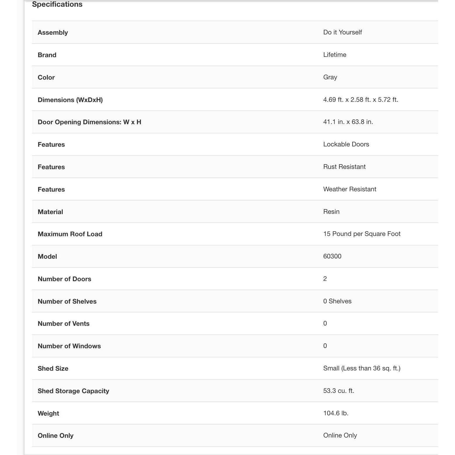 Lifetime Vertical Outdoor Storage Shed - 56" x 30" x 68" Weather-Resistant Resin Lockable Doors Gray