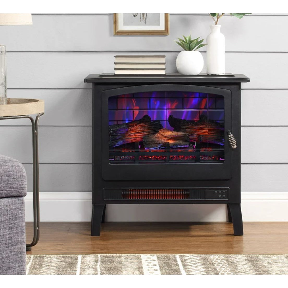 Black Electric Fireplace Stove With Realistic Flame Effect And Cozy Warmth