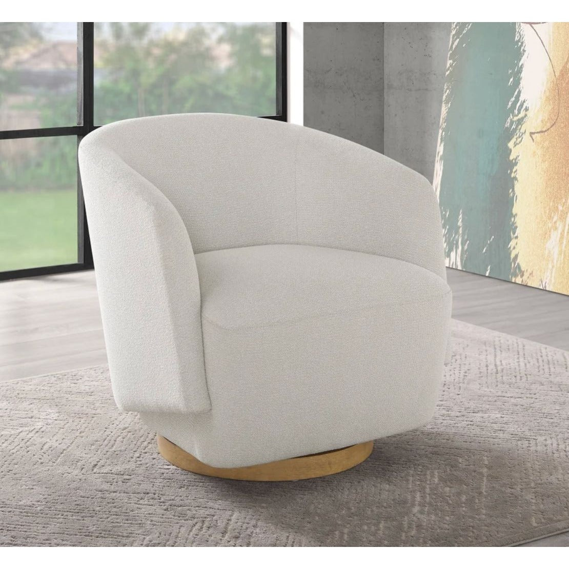 Henredon Murphy Cream Boucle Swivel Chair With Wooden Base