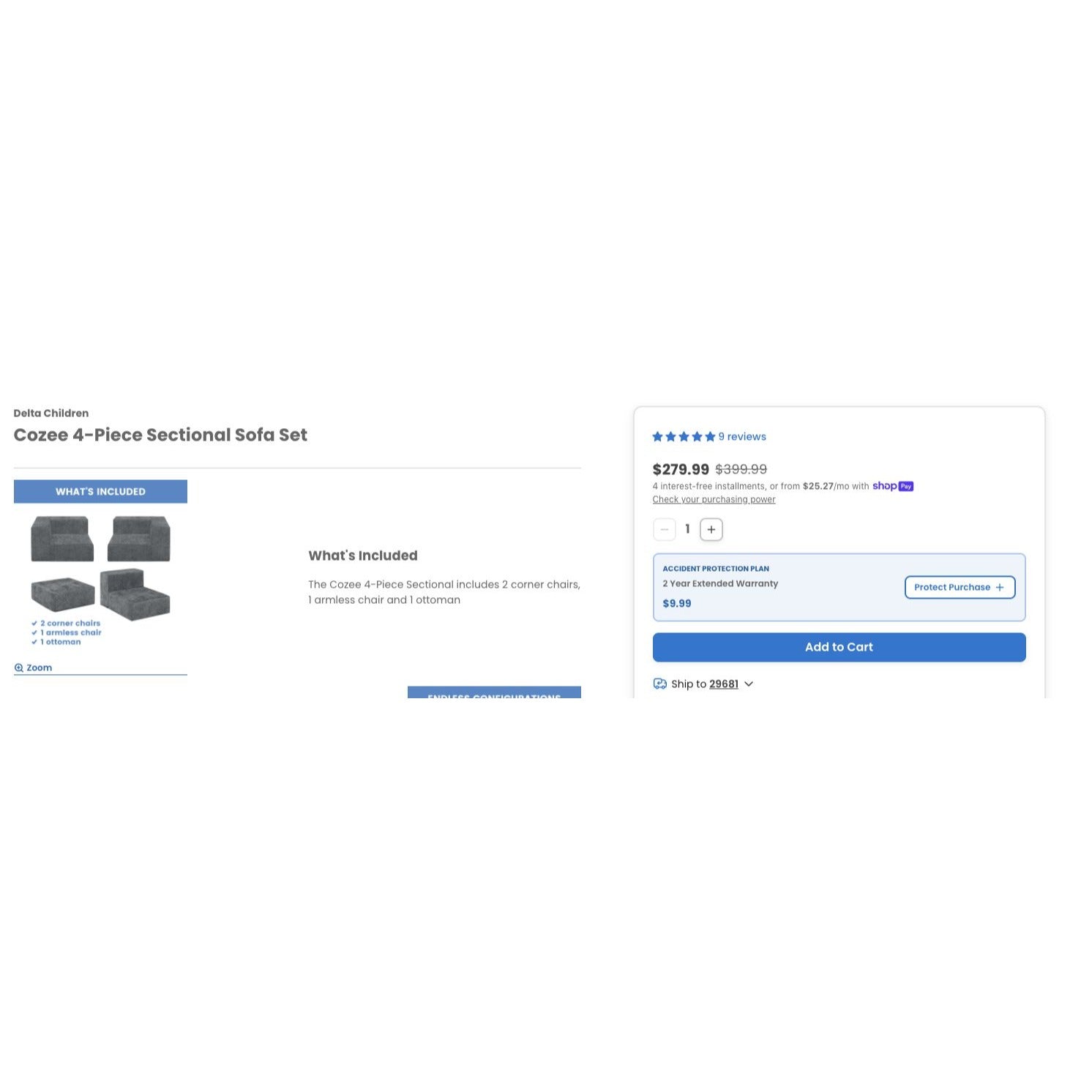 Delta Children Cozee 4-Piece Sectional Sofa Set With Washable Covers Endless Configurations For Ages 2 To 12+ Years Gray