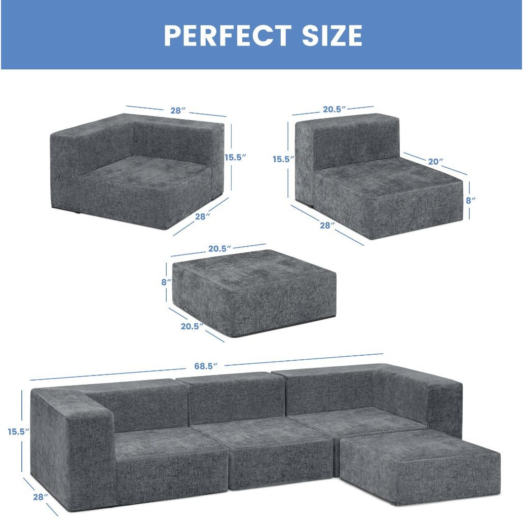 Delta Children Cozee 4-Piece Sectional Sofa Set With Washable Covers Endless Configurations For Ages 2 To 12+ Years Gray