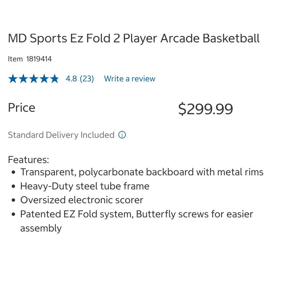 Md Sports Ez Fold 2 Player Arcade Basketball Game Indoor Electronic Scoring System