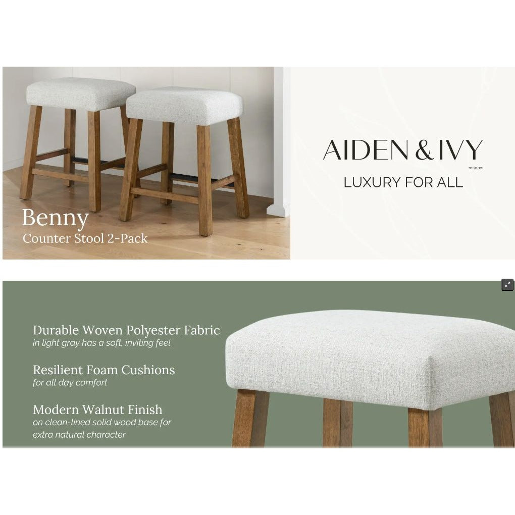 Benny Counter Stool 2-Pack With Gray Upholstered Seats & Walnut Wood Base