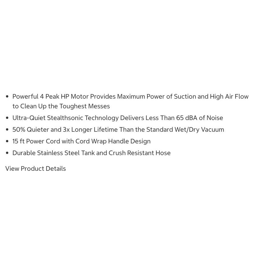 Dewalt 4 Peak Hp Stealthsonic Wet/Dry Vacuum Cleaner Professional Industrial Powerful Portable