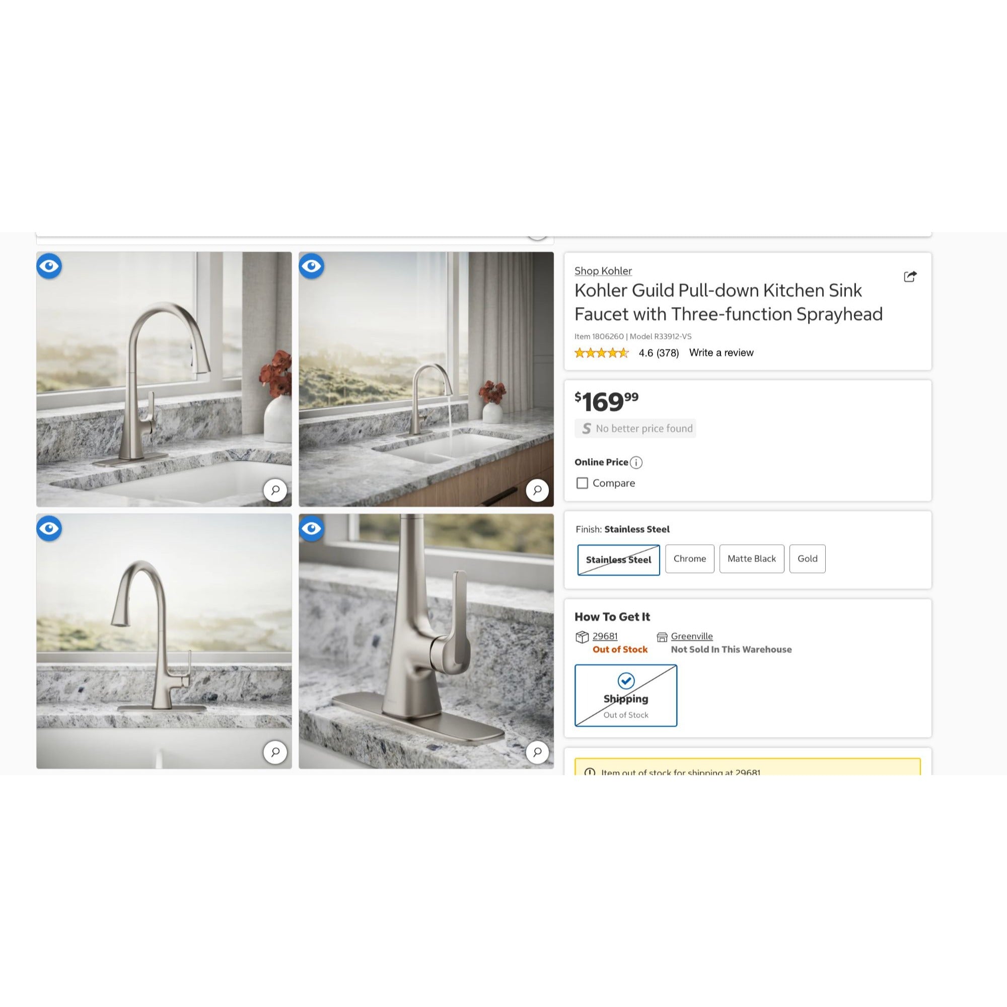 Kohler Guild Stainless Steel Pull-Down Kitchen Faucet W/ 3-Function Sprayhead & Lever Handle