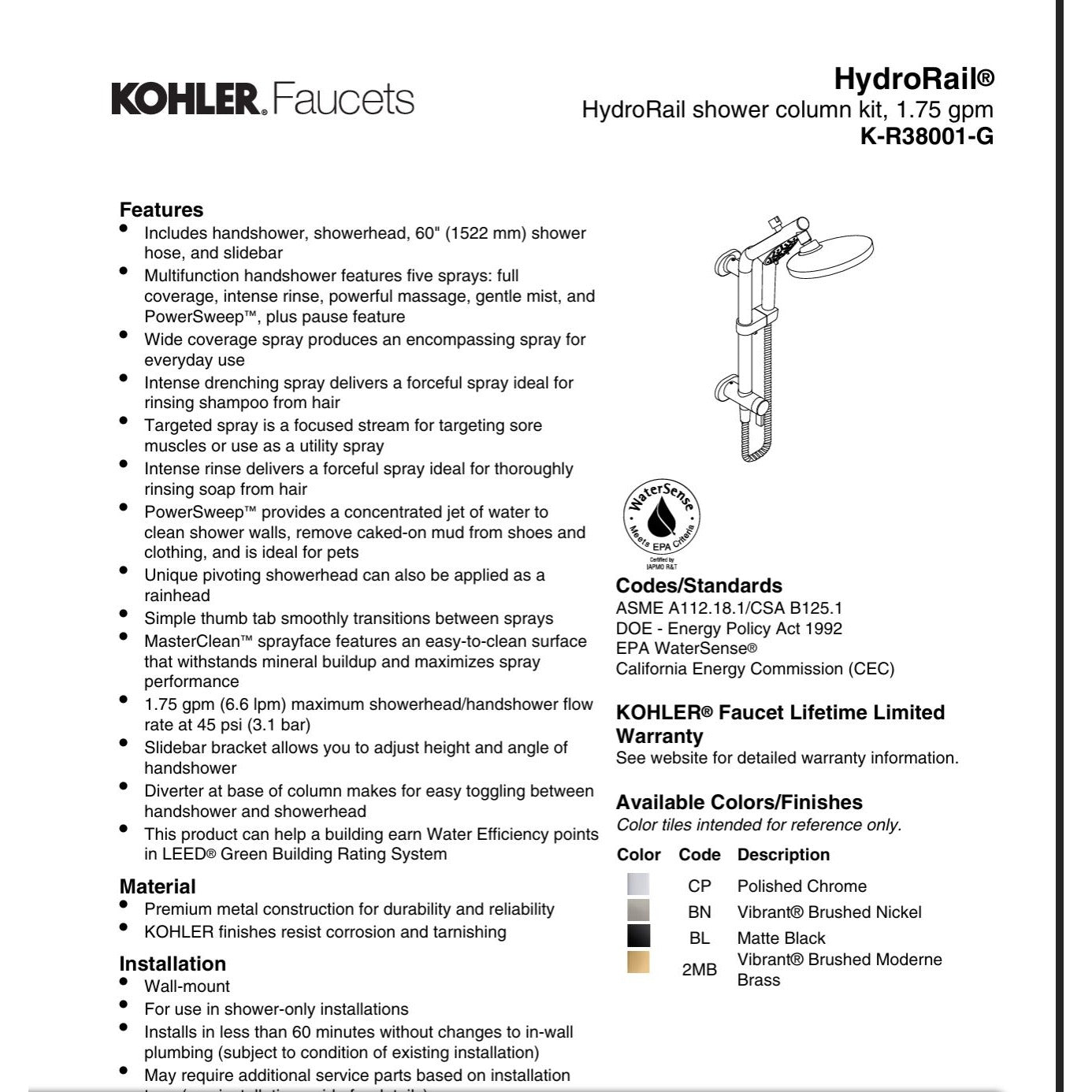 Kohler HydroRail 3-In-1 Multifunction Showerhead & Column Kit Brushed Nickel Finish 1.75 GPM Max Flow